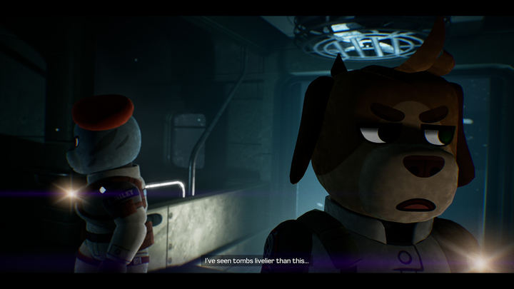 Official Fright Train store screenshot: a cutscene conversation between two crew members with subtitles on screen