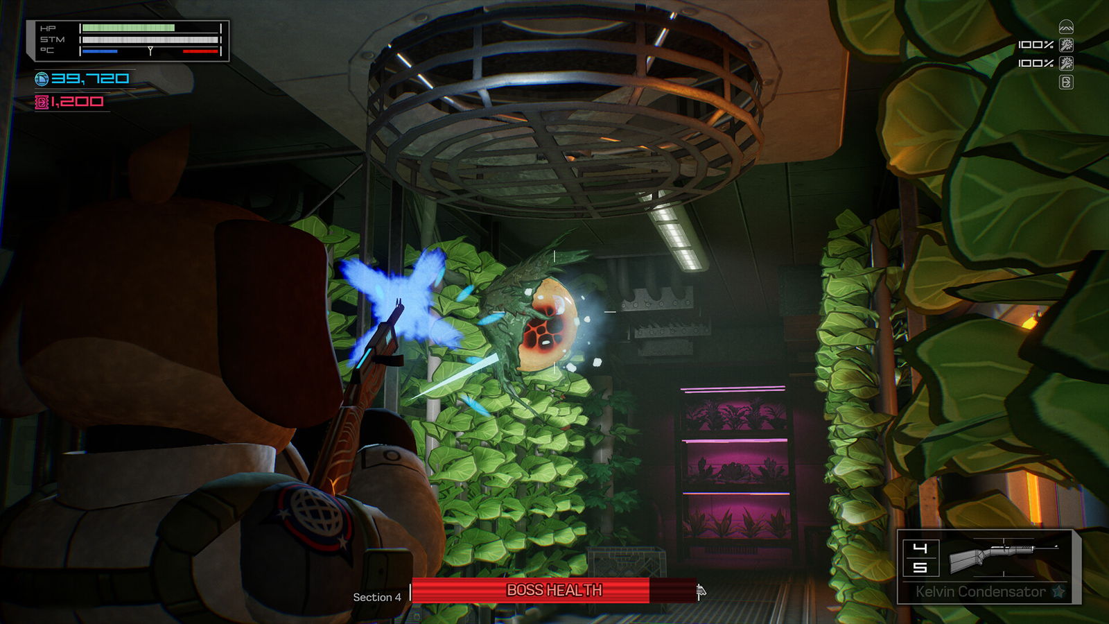 Official Fright Train store screenshot: a greenhouse carriage with a glowing blue object hovering above the plant racks and a radiation meter on the HUD
