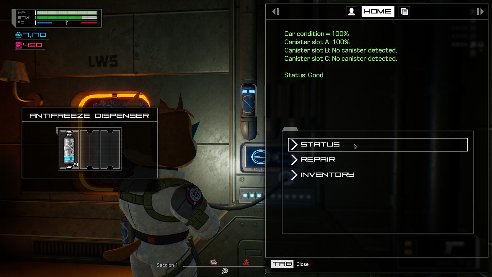 Official Fright Train store screenshot: the antifreeze dispenser terminal showing carriage condition at 100% with status, repair and inventory options