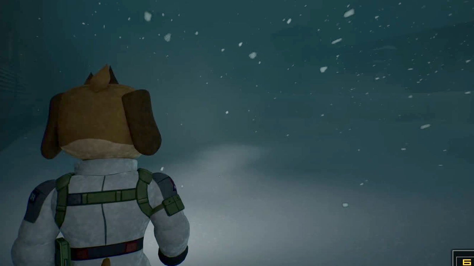 Official Fright Train launch-trailer frame: the agent walking away into a snowstorm along the Antarctic exterior